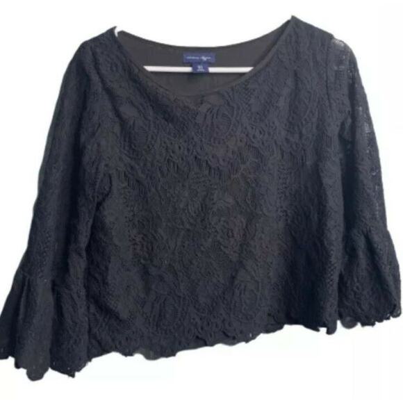 ADRIENNE VITADINI Black Lace Ruffle Bell Sleeve Scoop Neck Crop Top Blouse S - Picture 5 of 12